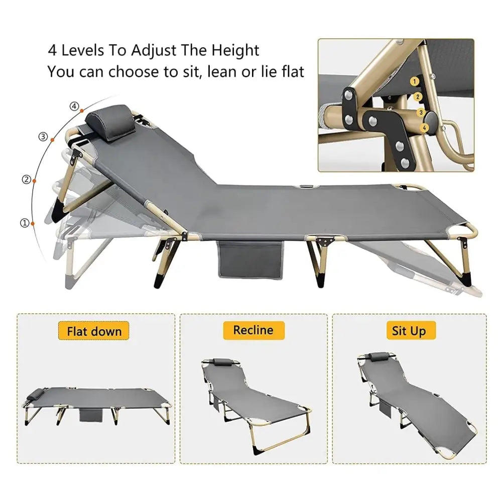 KILIROO Adjustable Portable Folding Bed with Mattress and Headrest (Grey) KR-FBM-100-KX - Furniture > Outdoor