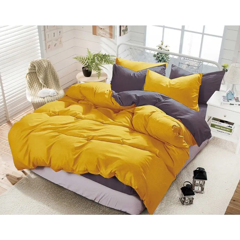 King 1000TC Reversible Duvet Quilt Cover Set - Yellow and Grey - Home & Garden > Bedding > Duvet Covers