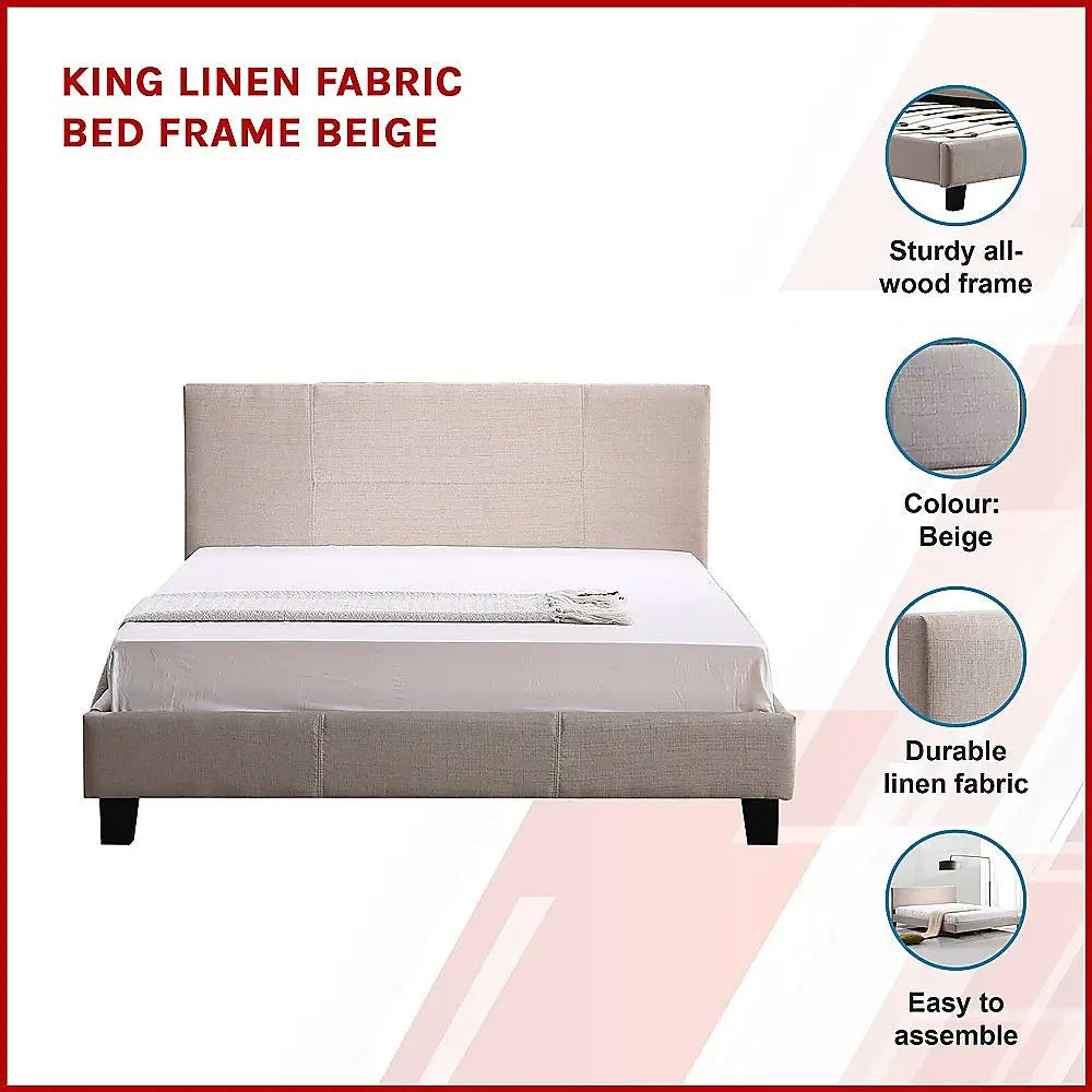 King Linen Fabric Bed Frame Beige - Furniture > Bedroom > Beds & Bed Frames