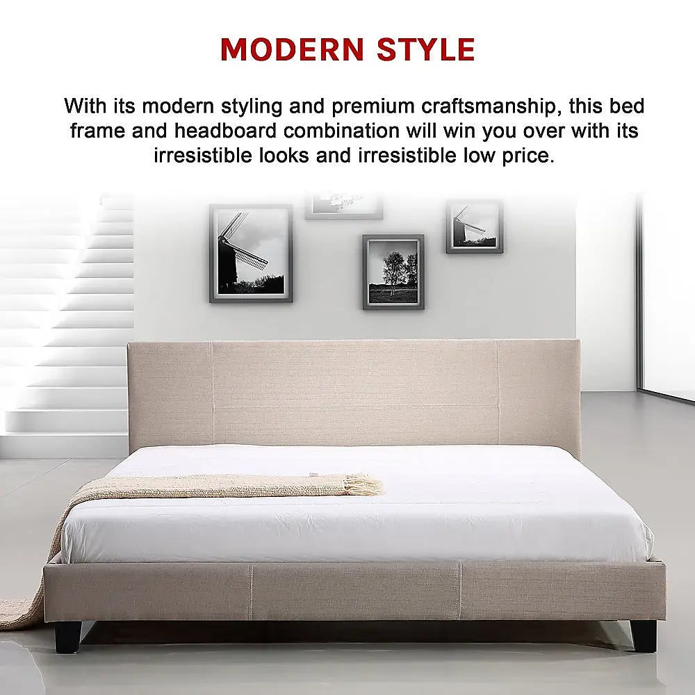King Linen Fabric Bed Frame Beige - Furniture > Bedroom > Beds & Bed Frames