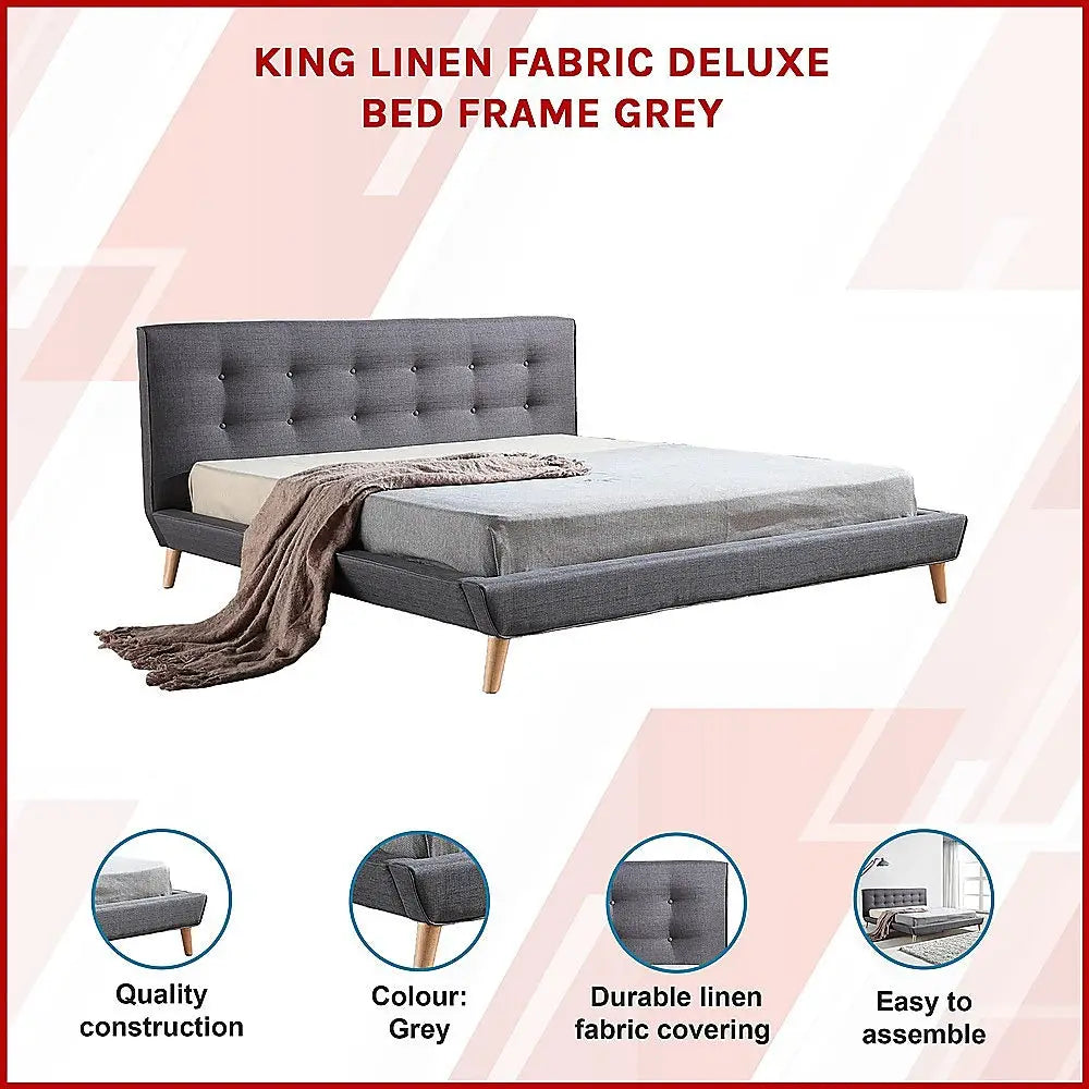 King Linen Fabric Deluxe Bed Frame Grey - Furniture > Bedroom > Beds & Bed Frames
