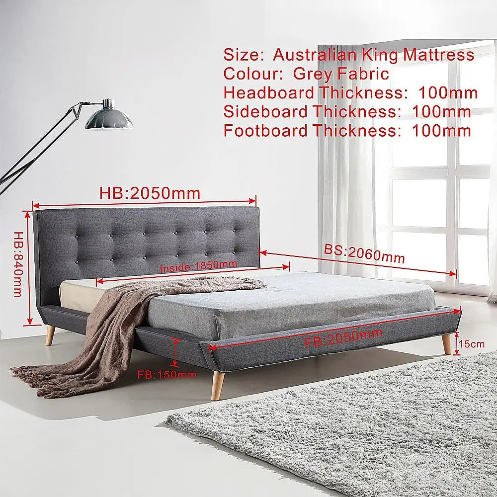 King Linen Fabric Deluxe Bed Frame Grey - Furniture > Bedroom > Beds & Bed Frames