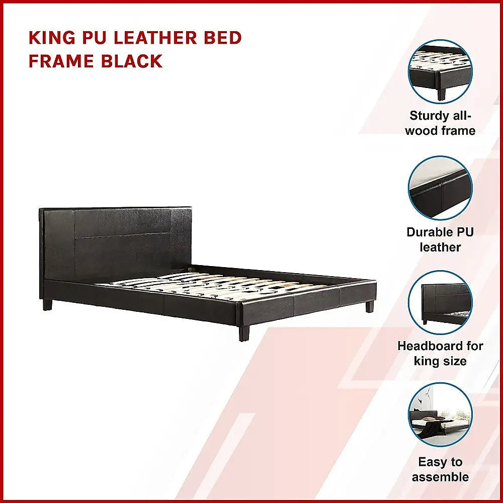 King PU Leather Bed Frame Brown - Furniture > Bedroom