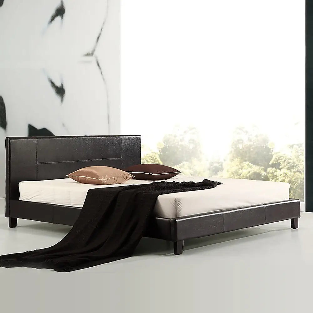 King PU Leather Bed Frame Brown - Furniture > Bedroom