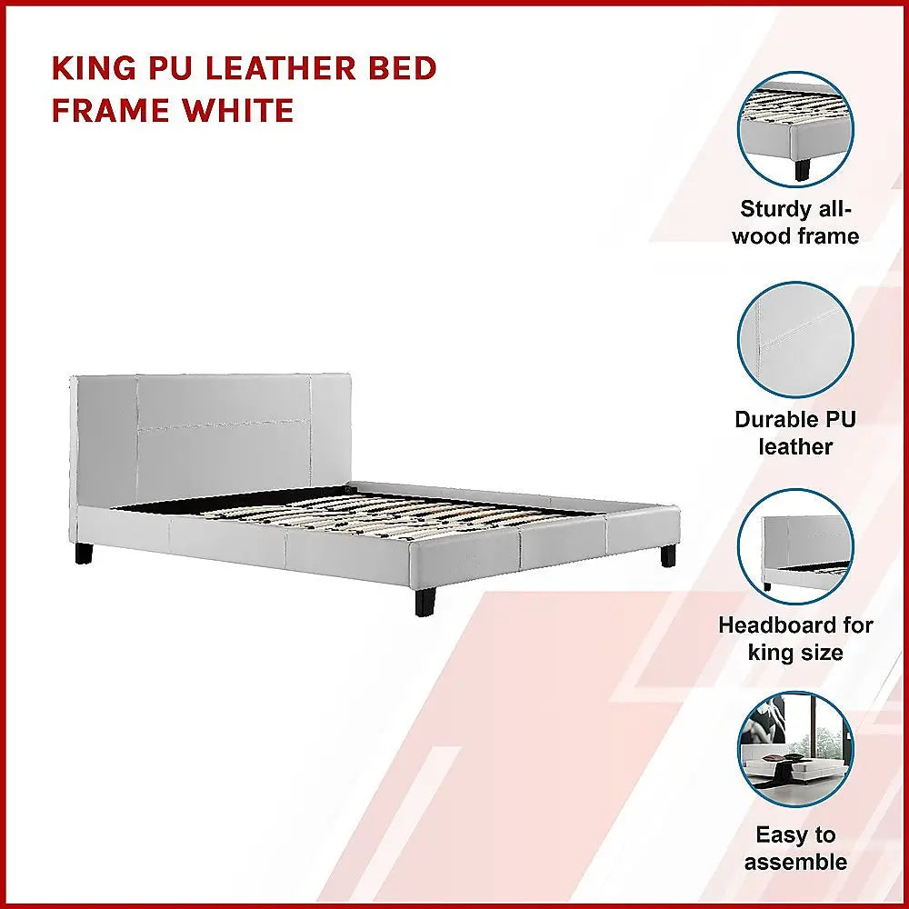 King PU Leather Bed Frame White - Furniture > Bedroom > Beds & Bed Frames