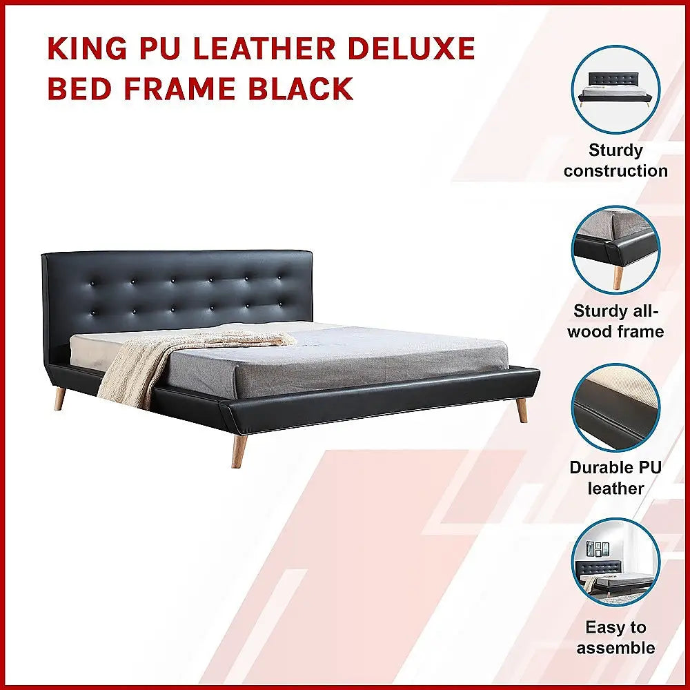 King PU Leather Deluxe Bed Frame Black - Furniture > Bedroom > Beds & Bed Frames