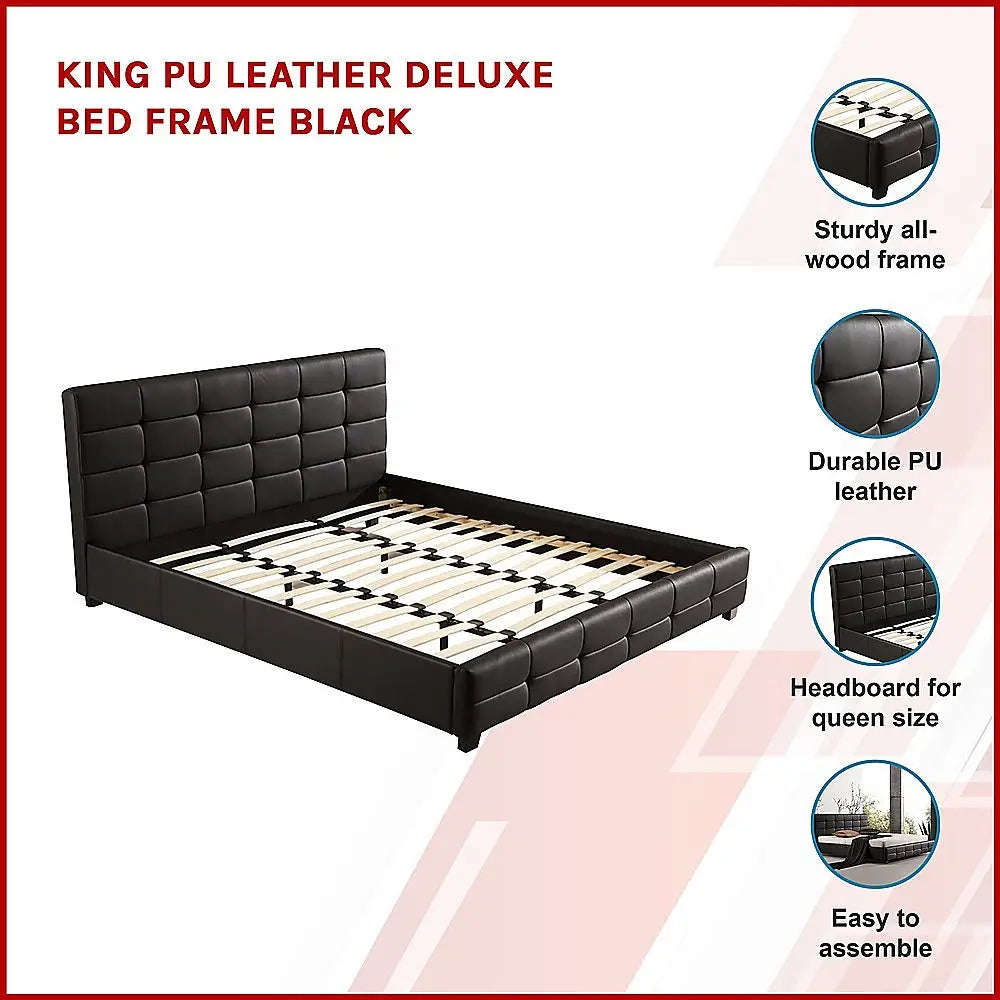 King PU Leather Deluxe Bed Frame Black - Furniture > Bedroom > Beds & Bed Frames