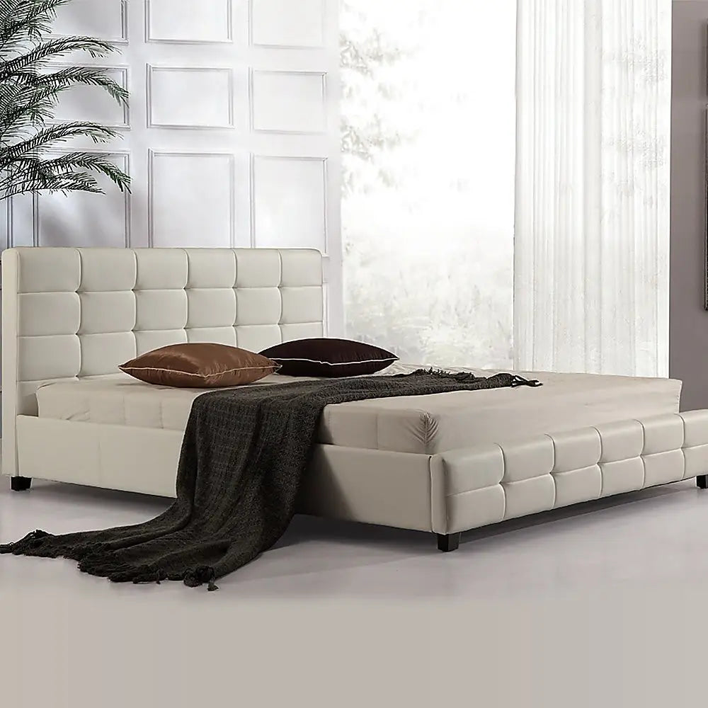 King PU Leather Deluxe Bed Frame White - Furniture > Bedroom > Beds & Bed Frames