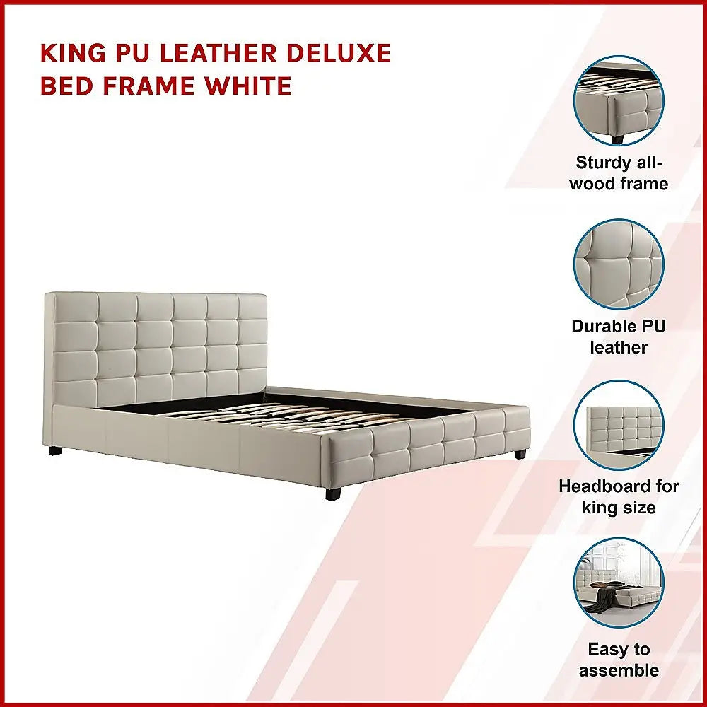 King PU Leather Deluxe Bed Frame White - Furniture > Bedroom > Beds & Bed Frames