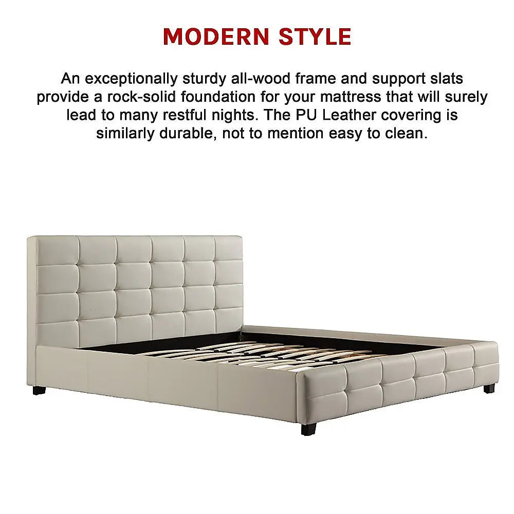 King PU Leather Deluxe Bed Frame White - Furniture > Bedroom > Beds & Bed Frames