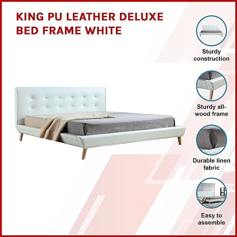 King PU Leather Deluxe Bed Frame White - Furniture > Bedroom > Beds & Bed Frames
