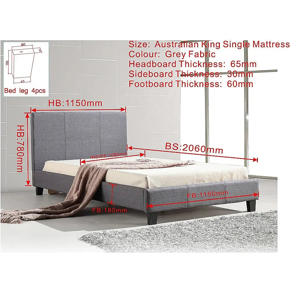 King Single Linen Fabric Bed Frame Grey - Furniture > Bedroom > Beds & Bed Frames