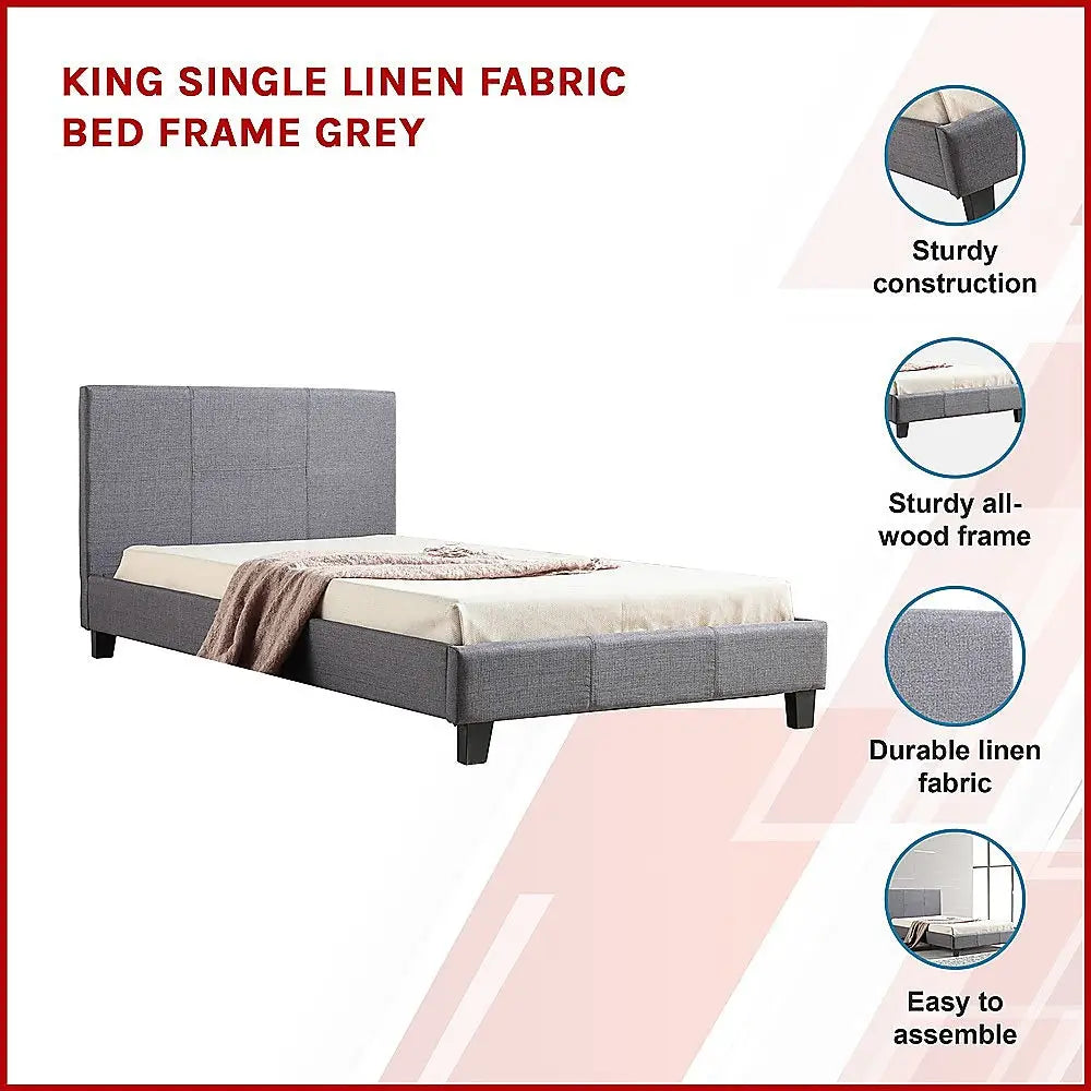 King Single Linen Fabric Bed Frame Grey - Furniture > Bedroom > Beds & Bed Frames