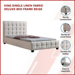 King Single Linen Fabric Deluxe Bed Frame Beige - Furniture > Bedroom > Beds & Bed Frames