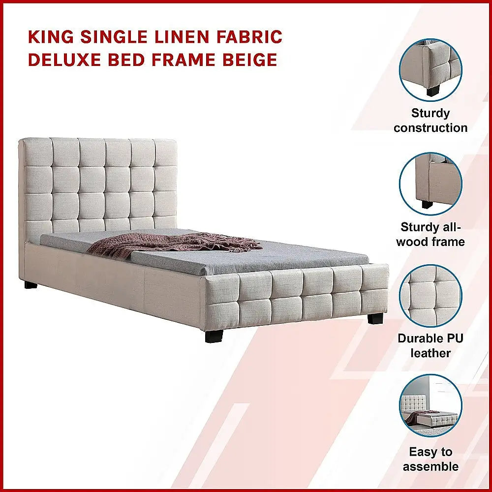 King Single Linen Fabric Deluxe Bed Frame Beige - Furniture > Bedroom > Beds & Bed Frames