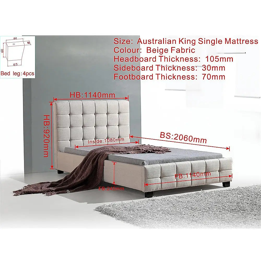 King Single Linen Fabric Deluxe Bed Frame Beige - Furniture > Bedroom > Beds & Bed Frames