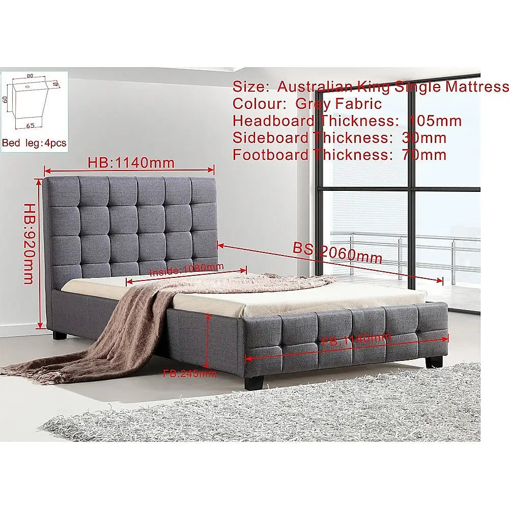 King Single Linen Fabric Deluxe Bed Frame Grey - Furniture > Bedroom