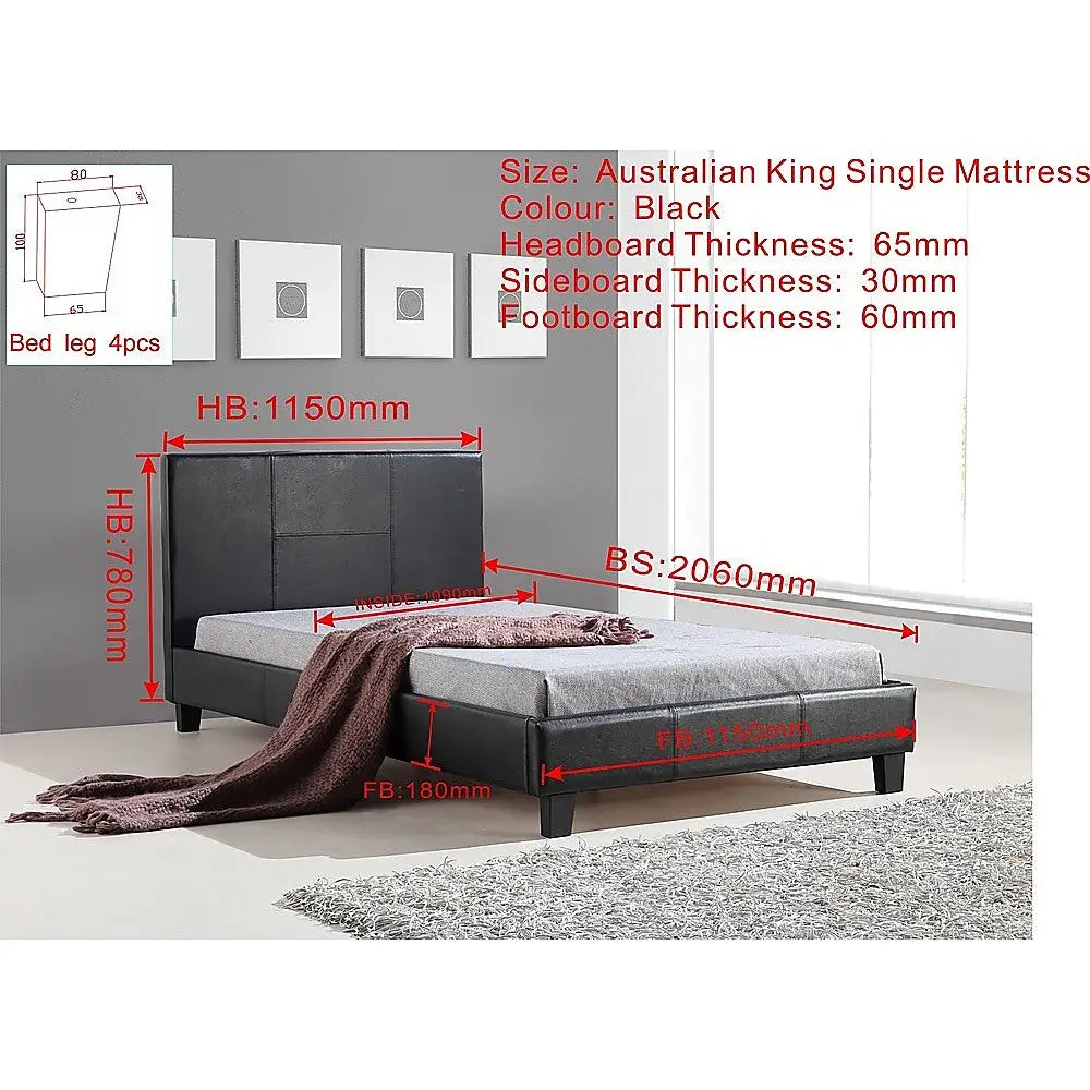 King Single PU Leather Bed Frame Black - Furniture > Bedroom