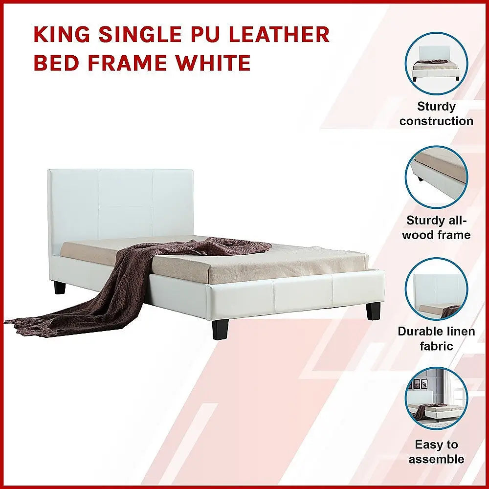 King Single PU Leather Bed Frame White - Furniture > Bedroom > Beds & Bed Frames