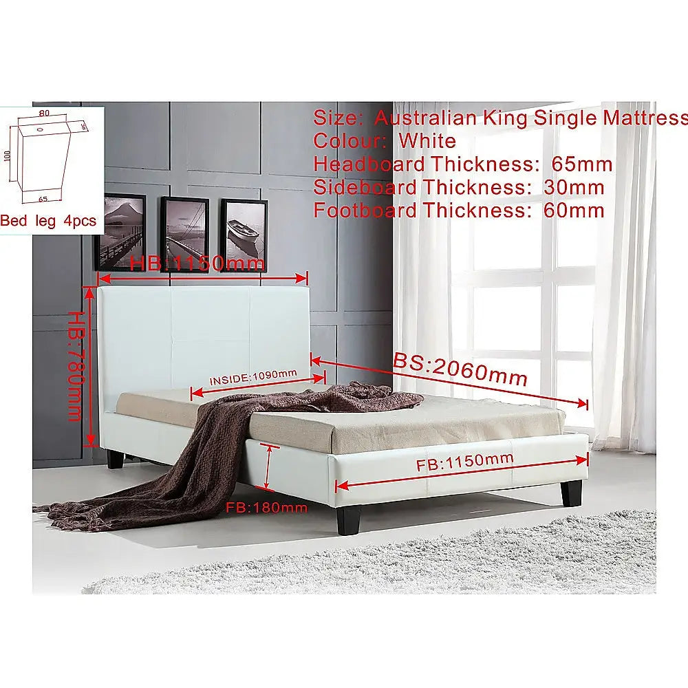 King Single PU Leather Bed Frame White - Furniture > Bedroom > Beds & Bed Frames