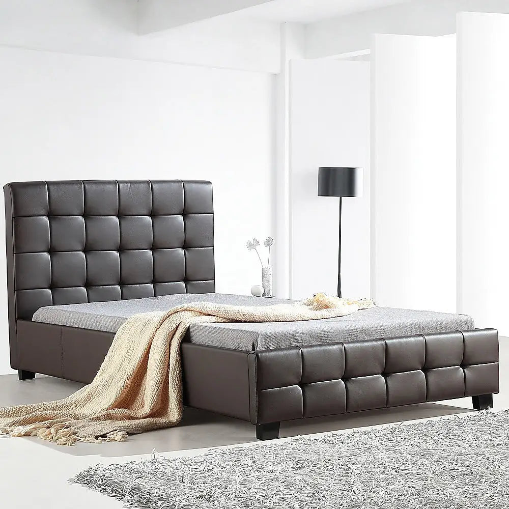 King Single PU Leather Deluxe Bed Frame Brown - Furniture > Bedroom > Beds & Bed Frames