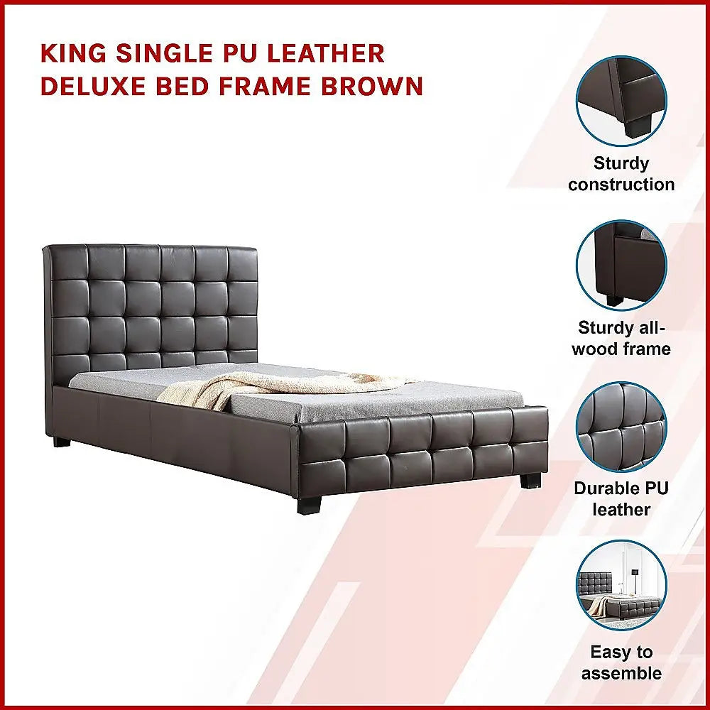 King Single PU Leather Deluxe Bed Frame Brown - Furniture > Bedroom > Beds & Bed Frames