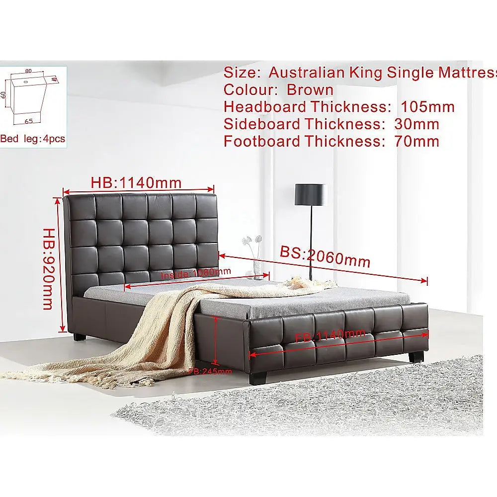 King Single PU Leather Deluxe Bed Frame Brown - Furniture > Bedroom > Beds & Bed Frames