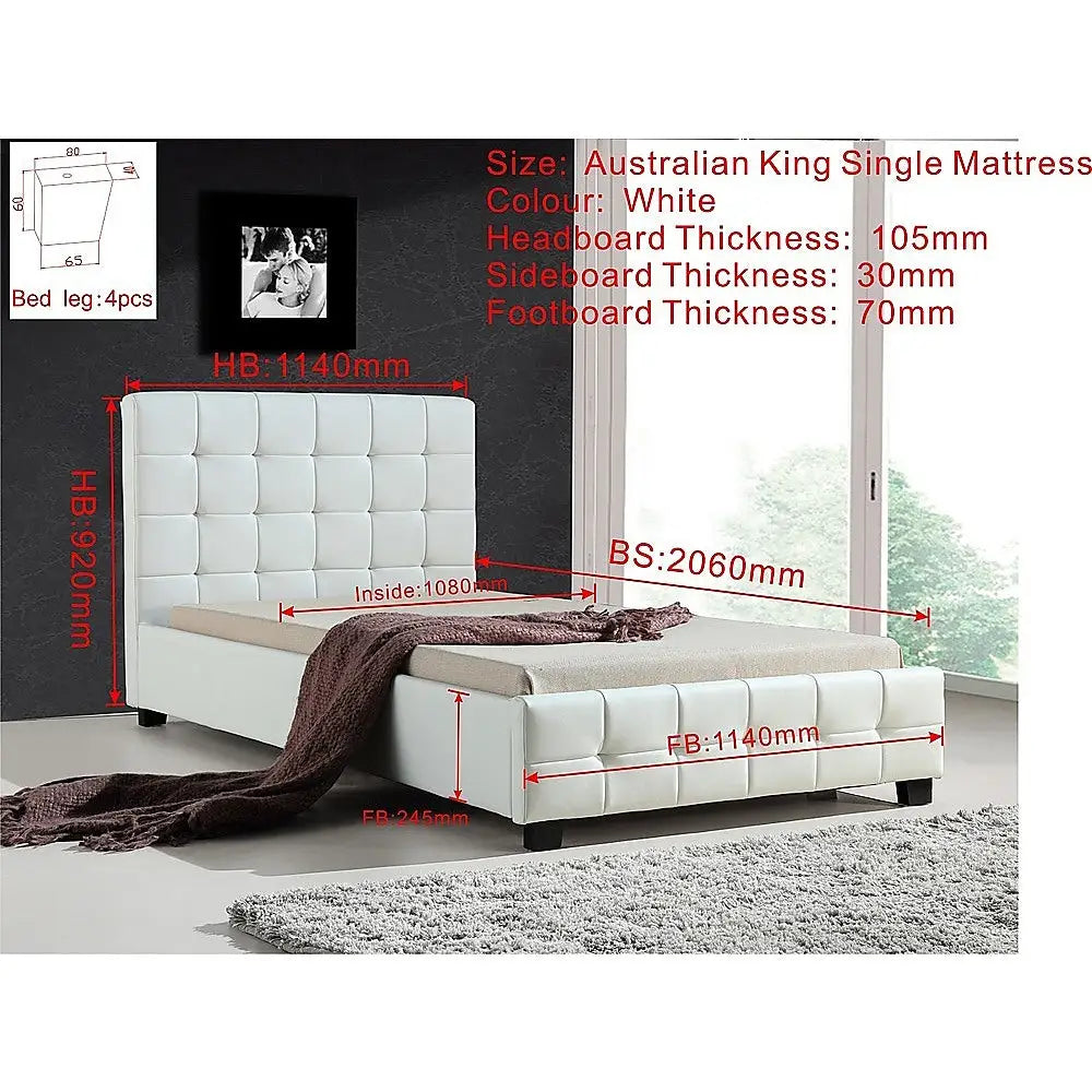 King Single PU Leather Deluxe Bed Frame White - Furniture > Bedroom