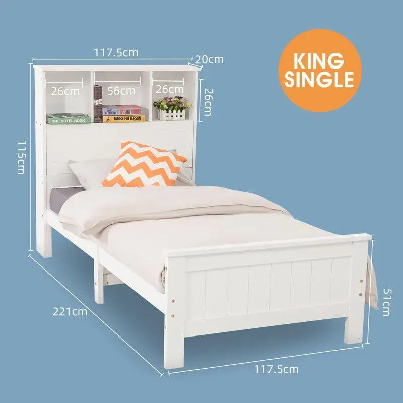 King Single Solid Pine Timber Bed Frame with Bookshelf Storage Headboard- White - Baby & Kids > Kid’s Furniture