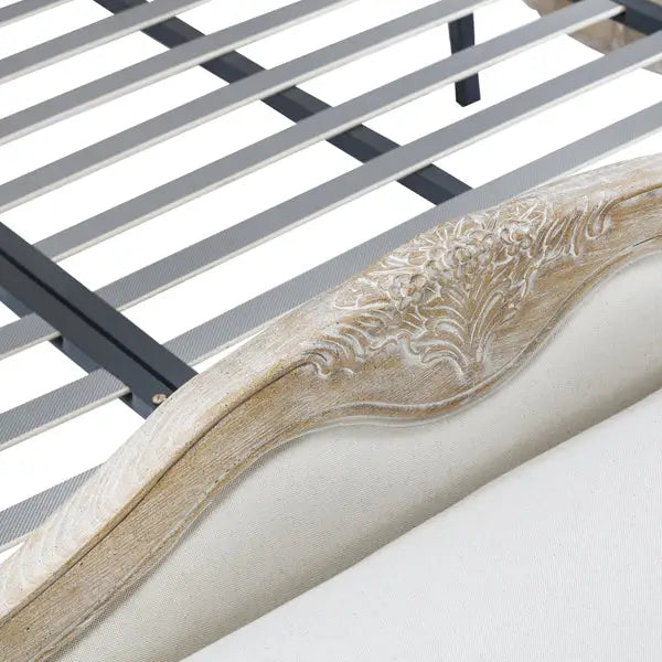 King Size Bed Frame Linen Fabric Beige Oak Wood White Washed Finish Slat Base Mattress Support - Furniture > Mattresses