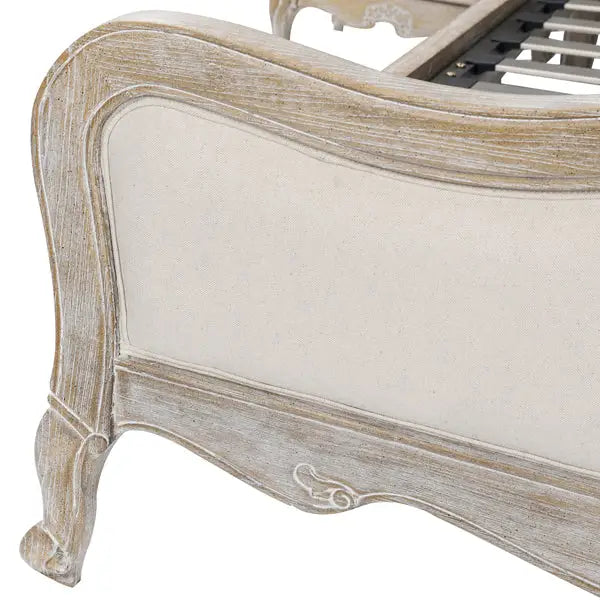 King Size Bed Frame Linen Fabric Beige Oak Wood White Washed Finish Slat Base Mattress Support - Furniture > Mattresses
