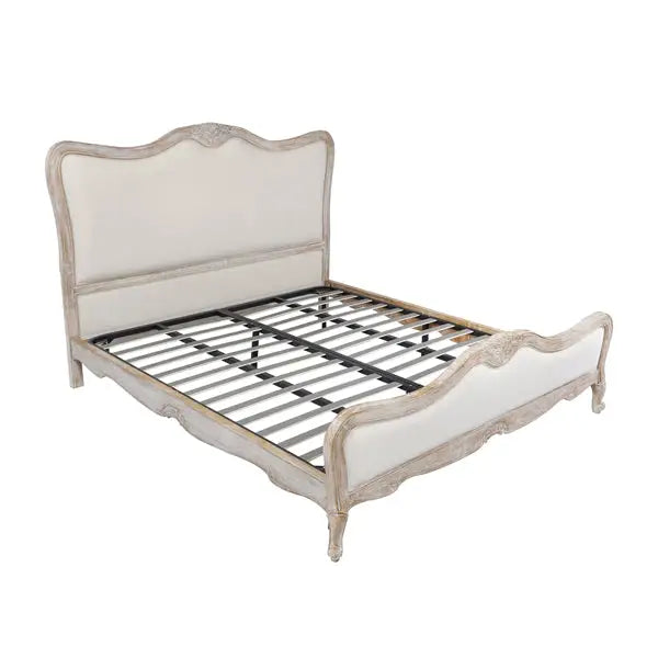 King Size Bed Frame Linen Fabric Beige Oak Wood White Washed Finish Slat Base Mattress Support - Furniture > Mattresses