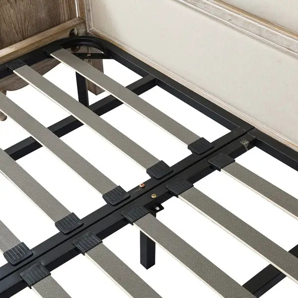 King Size Bed Frame Linen Fabric Beige Oak Wood White Washed Finish Slat Base Mattress Support - Furniture > Mattresses