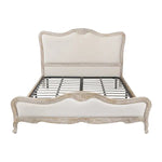 King Size Bed Frame Linen Fabric Beige Oak Wood White Washed Finish Slat Base Mattress Support - Furniture > Mattresses