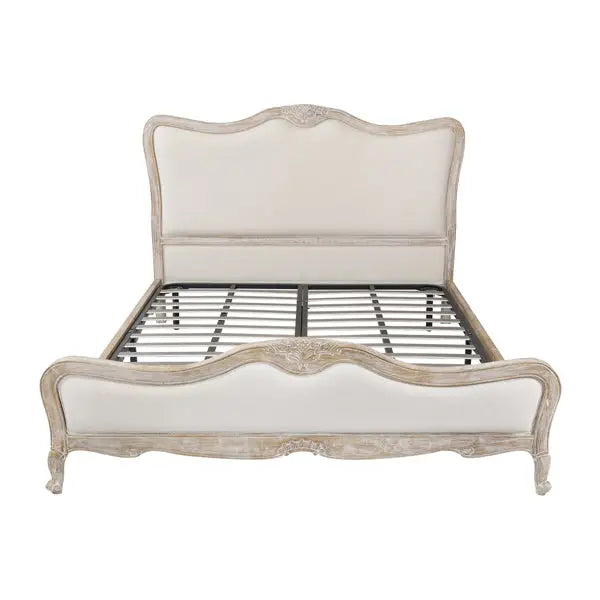 King Size Bed Frame Linen Fabric Beige Oak Wood White Washed Finish Slat Base Mattress Support - Furniture > Mattresses