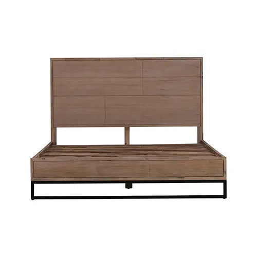 King size Bed Frame Solid Wood Acacia Veneered Bedroom Furniture Steel Legs - Furniture > Bedroom