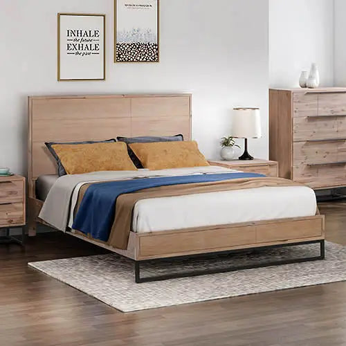 King size Bed Frame Solid Wood Acacia Veneered Bedroom Furniture Steel Legs - Furniture > Bedroom