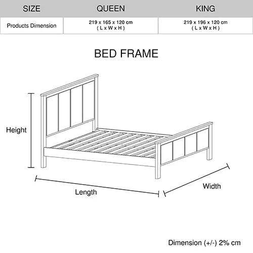 King Size Bed Frame with Solid Acacia Wood Veneered Construction in White Ash Colour - Furniture > Bedroom