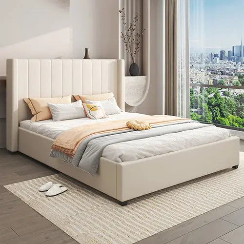 King Size High Rise Headboard Linen Beige Fabric Four MDF Drawers with Wheels Bed Frame - Furniture > Bedroom > Beds &