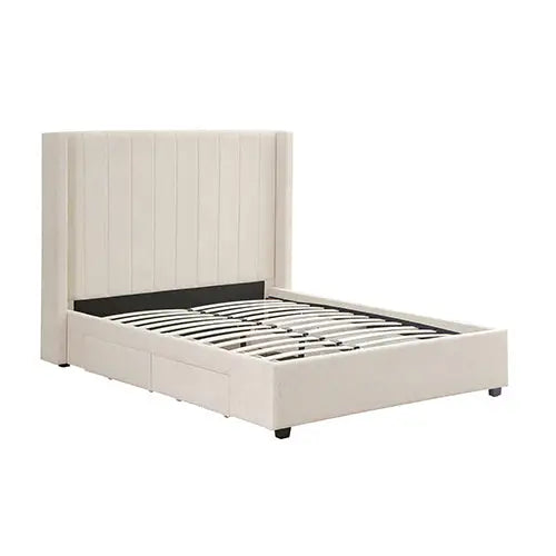 King Size High Rise Headboard Linen Beige Fabric Four MDF Drawers with Wheels Bed Frame - Furniture > Bedroom > Beds &