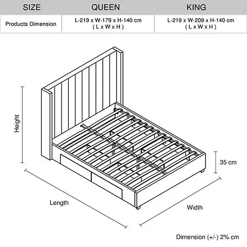 King Size High Rise Headboard Linen Beige Fabric Four MDF Drawers with Wheels Bed Frame - Furniture > Bedroom > Beds &