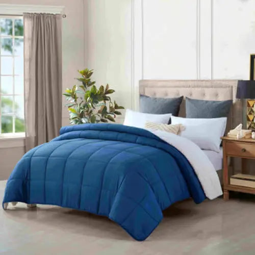 king size reversible plush soft sherpa comforter quilt navy blue - Home & Garden > Bedding