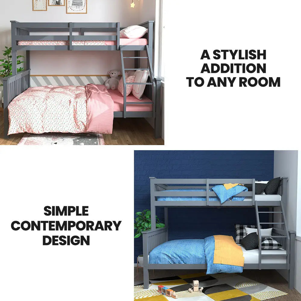KINGSTON 2in1 Single on Double Bunk Bed Kids Solid Wood Timber Loft Furniture Slats Grey - Furniture > Bedroom > Beds &