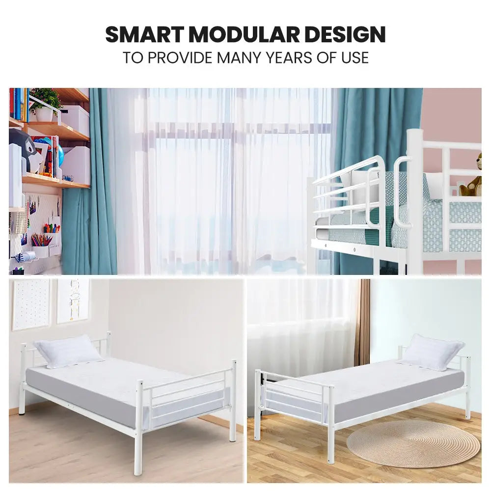 KINGSTON SLUMBER 2in1 King Single Metal Bunk Bed Frame with Modular Design Matte White - Furniture > Bedroom > Beds &