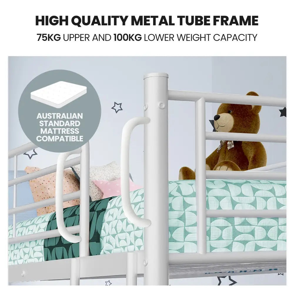 KINGSTON SLUMBER 2in1 Single Metal Bunk Bed Frame with Modular Design Matte White - Furniture > Bedroom > Beds & Bed