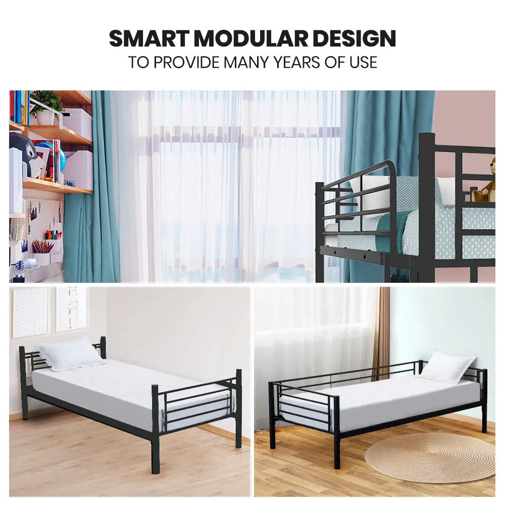 Kingston Slumber 2in1 Single Metal Bunk Bed Frame with Modular Design Dark Matte Grey - Furniture > Bedroom > Beds &