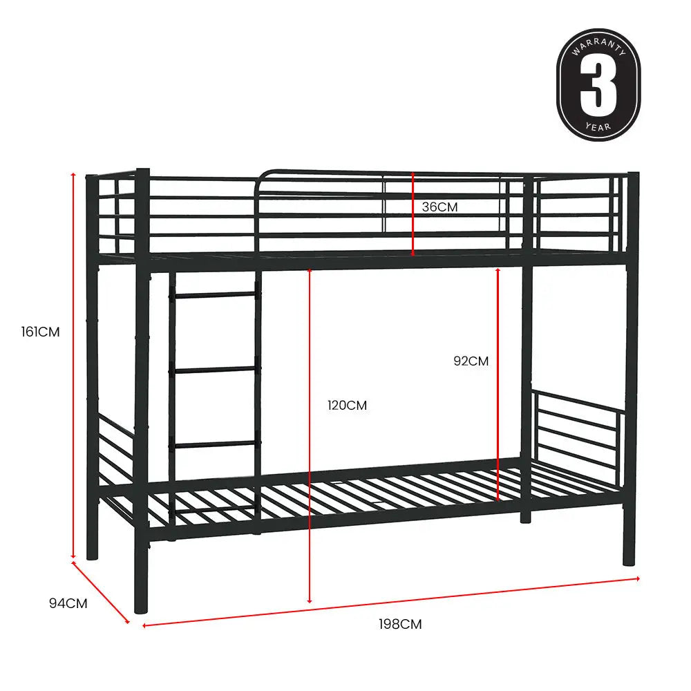 Kingston Slumber 2in1 Single Metal Bunk Bed Frame with Modular Design Dark Matte Grey - Furniture > Bedroom > Beds &
