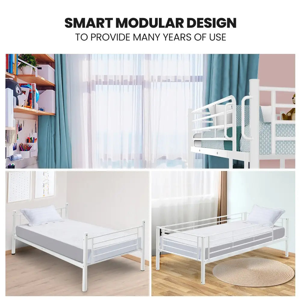 KINGSTON SLUMBER 2in1 Single Metal Bunk Bed Frame with Modular Design Matte White - Furniture > Bedroom > Beds & Bed
