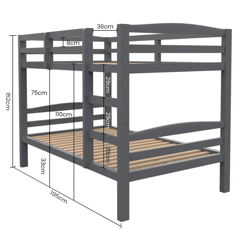 Kingston Slumber Bunk Bed Frame Single Wooden Children Timber PIne Wood Loft Kids Bedroom Furniture - Furniture >