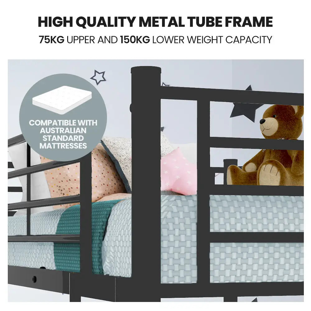 Kingston Slumber Metal Single over Double Bunk Bed Frame Dark Matte Grey - Furniture > Bedroom > Beds & Bed Frames